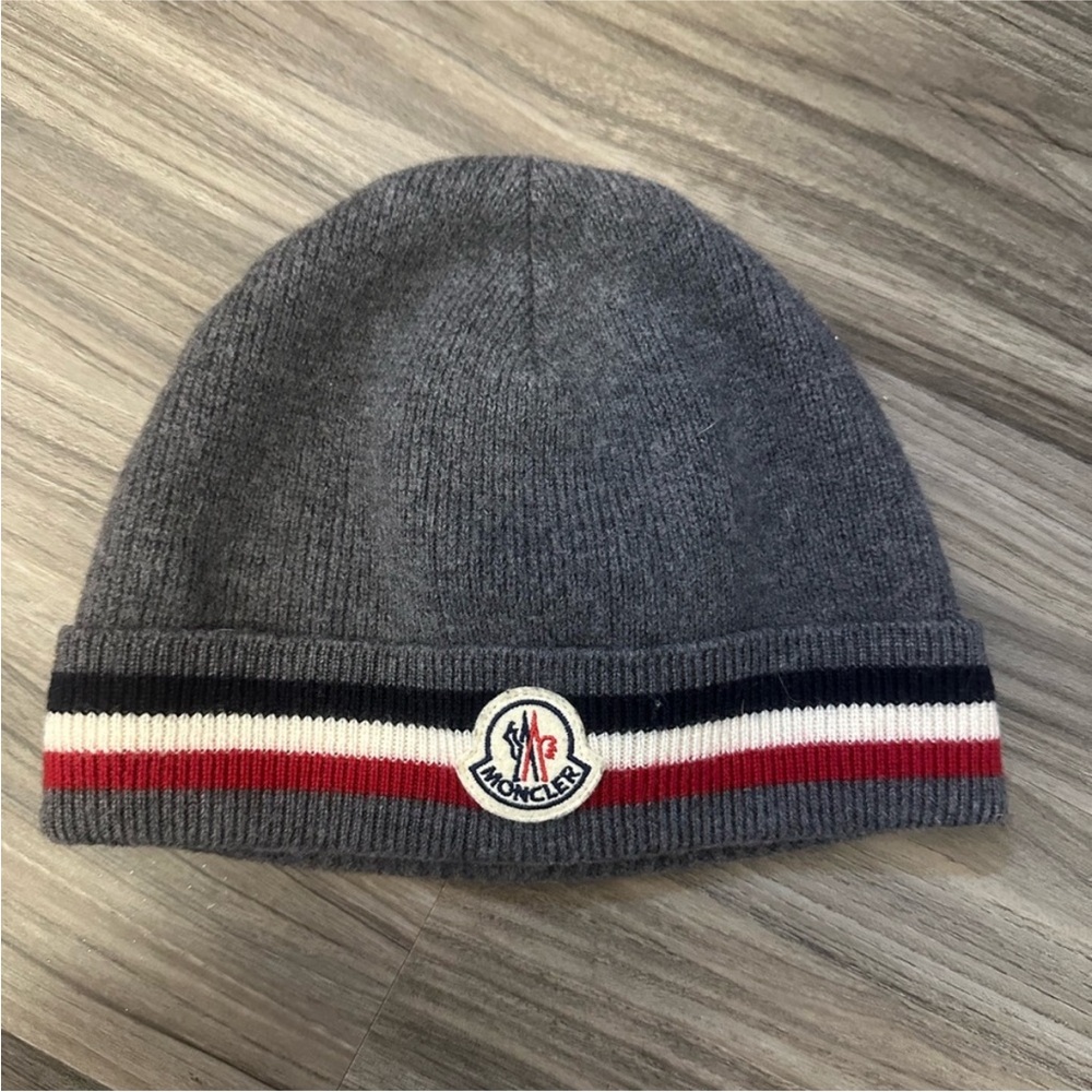 Moncler Gray Knit Beanie with Red and White Stripes